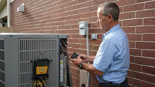 A Du-West technician performing maintenance on an outdoor HVAC unit, ensuring optimal performance and reliability.